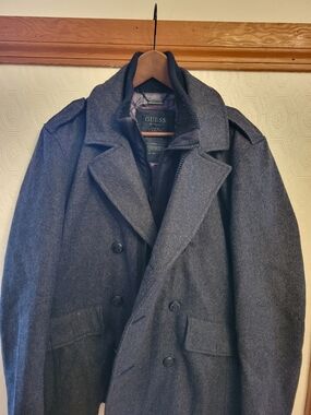 GUESS Wool Blend Peacoat Men's L — Charcoal Grey - Double-Breasted - Zip Inner L